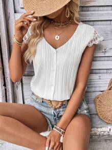 SHEIN LUNE Contrast Embroidery Mesh Split Back Blouse - White - View 5