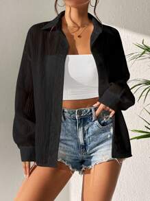 Flirla Solid Drop Shoulder Button Front Shirt - Black - View 3