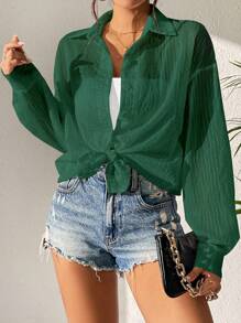 SHEIN Unity 素色落肩袖前紐扣襯衫 - 綠色 - 查看 6