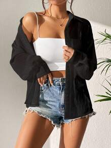 Flirla Solid Drop Shoulder Button Front Shirt - Black - View 4