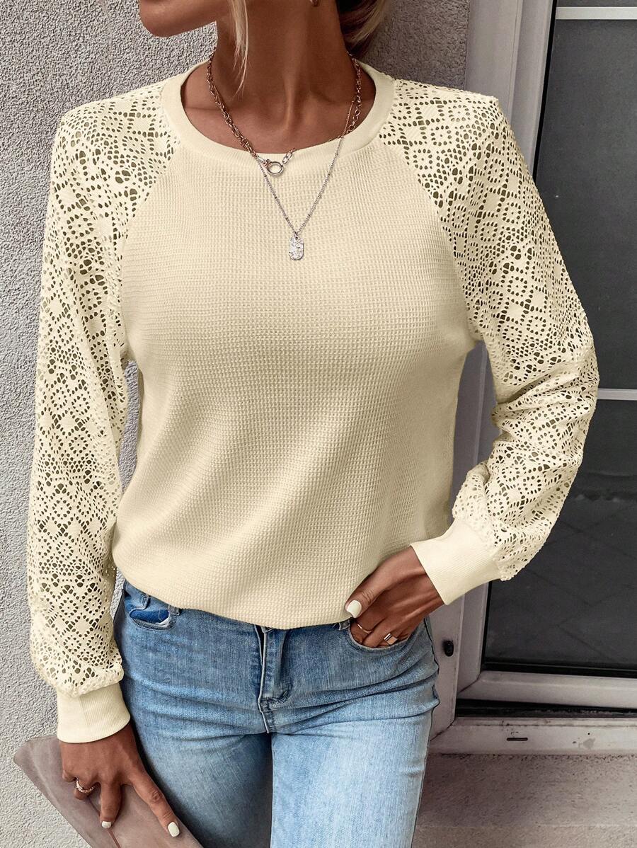 SHEIN LUNE Contrast Lace Raglan Sleeve Waffle Knit Sweatshirt - Beige - View 1