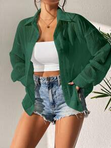 SHEIN Unity 素色落肩袖前紐扣襯衫 - 綠色 - 查看 7