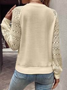 SHEIN LUNE Contrast Lace Raglan Sleeve Waffle Knit Sweatshirt - Beige - View 2