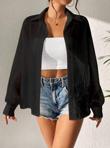 Flirla Solid Drop Shoulder Button Front Shirt - Black - View 5
