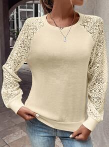 SHEIN LUNE Contrast Lace Raglan Sleeve Waffle Knit Sweatshirt - Beige - View 3