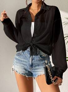 Flirla Solid Drop Shoulder Button Front Shirt - Black - View 6