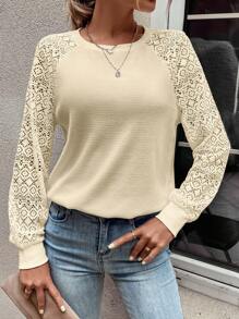 SHEIN LUNE Contrast Lace Raglan Sleeve Waffle Knit Sweatshirt - Beige - View 4