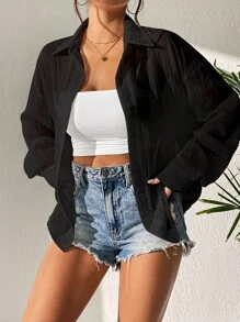 Flirla Solid Drop Shoulder Button Front Shirt - Black - View 7