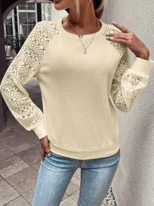 SHEIN LUNE Contrast Lace Raglan Sleeve Waffle Knit Sweatshirt - Beige - View 5