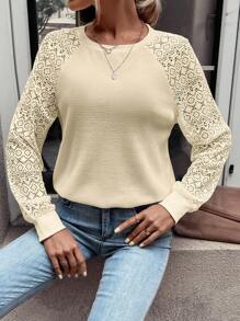 SHEIN LUNE Contrast Lace Raglan Sleeve Waffle Knit Sweatshirt - Beige - View 6