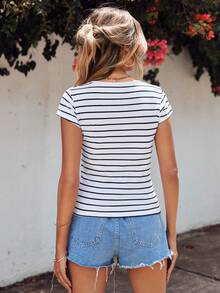 EURMUSE Striped Print Button Detail Tee - White - View 3