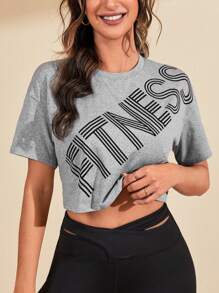 Easithlete Letter Graphic Drop Shoulder Crop Sports Tee Gym Top - Light Grey - View 1
