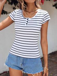 EURMUSE Striped Print Button Detail Tee - White - View 1