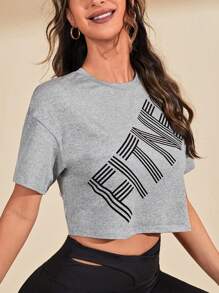 Easithlete Letter Graphic Drop Shoulder Crop Sports Tee Gym Top - Light Grey - View 4