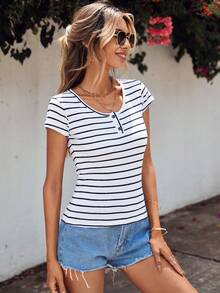 EURMUSE Striped Print Button Detail Tee - White - View 6