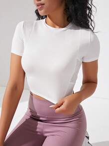 Yoga Basic Solid Crop Sports Tee - White - View 1