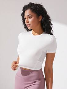 Yoga Basic Solid Crop Sports Tee - White - View 3
