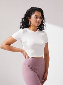 Yoga Basic Solid Crop Sports Tee - White - View 4