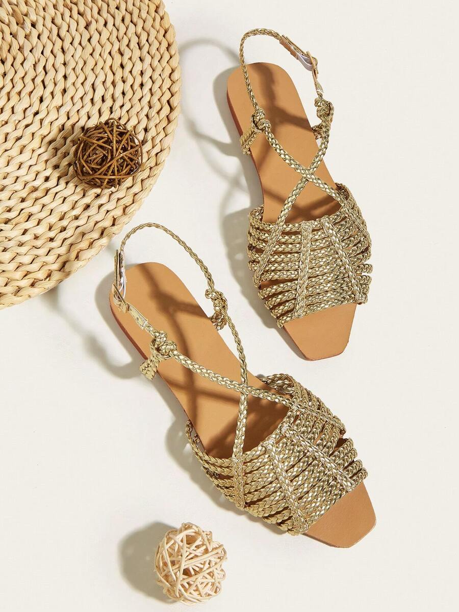 Women Random Braided Detail Flat Sandals, Vacation Summer Slingback Sandals,Beach Outfits - Gold - View 1