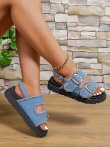 Sandalias azules de moda para mujeres, decoración de hebilla, sandalias planas con correa trasera