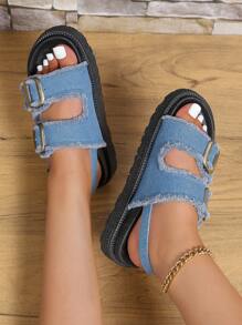 Sandalias azules de moda para mujeres, decoración de hebilla, sandalias planas con correa trasera