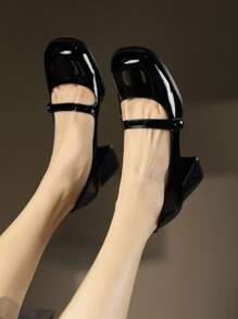 優雅黑色高跟鞋適合女士,極簡風格方頭粗跟瑪麗珍淺口皮鞋 - 黑色 - 查看 1