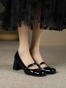 優雅黑色高跟鞋適合女士,極簡風格方頭粗跟瑪麗珍淺口皮鞋 - 黑色 - 查看 2