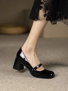 優雅黑色高跟鞋適合女士,極簡風格方頭粗跟瑪麗珍淺口皮鞋 - 黑色 - 查看 3