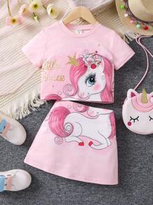 SHEIN 少女淺粉紅字母印花卡通獨角獸圓領T恤常規袖短褲兩件套夏季 - 淺粉色 - 查看 1