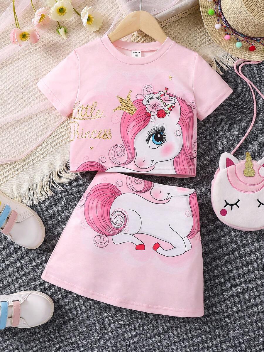 SHEIN 少女淺粉紅字母印花卡通獨角獸圓領T恤常規袖短褲兩件套夏季 - 淺粉色 - 查看 1