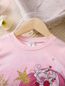 SHEIN 少女淺粉紅字母印花卡通獨角獸圓領T恤常規袖短褲兩件套夏季 - 淺粉色 - 查看 7