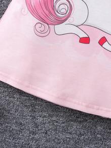 SHEIN 少女淺粉紅字母印花卡通獨角獸圓領T恤常規袖短褲兩件套夏季 - 淺粉色 - 查看 8