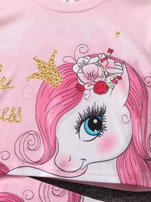 SHEIN 少女淺粉紅字母印花卡通獨角獸圓領T恤常規袖短褲兩件套夏季 - 淺粉色 - 查看 9