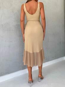 EURMUSE Ruffle Trim Knot Side Wrap Dress - Beige - View 2