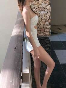 DAZY 鏤空抹胸一片式泳衣 - 白色 - 查看 5