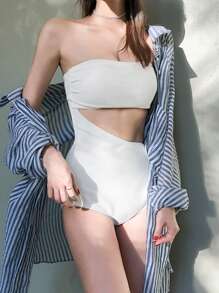 DAZY 鏤空抹胸一片式泳衣 - 白色 - 查看 6