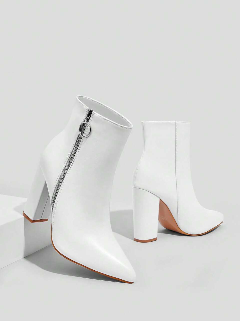 CUCCOO BIZCHIC Women Minimalist Zip Side Point Toe Elegant Chunky Heeled Outdoor White Classic Boots Vacation Shoes Summer Elegant Basics Business Casual Business Chic