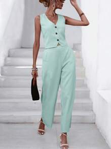 SHEIN Essnce Solid Button Front Vest Jacket & Wide Leg Pants - Mint Blue - View 1