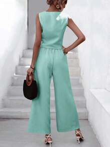 Aveloria Solid Button Front Vest Blazer & Wide Leg Trousers - Green - View 2