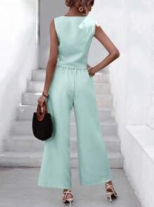 SHEIN Essnce Solid Button Front Vest Jacket & Wide Leg Pants - Mint Blue - View 2