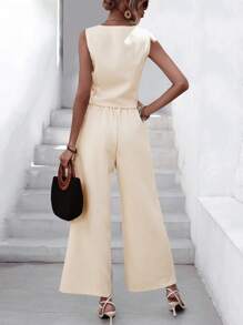 GENKIRA Solid Button Front Top & Wide Leg Pants - Apricot - View 2