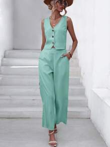 Aveloria Solid Button Front Vest Blazer & Wide Leg Trousers - Green - View 3