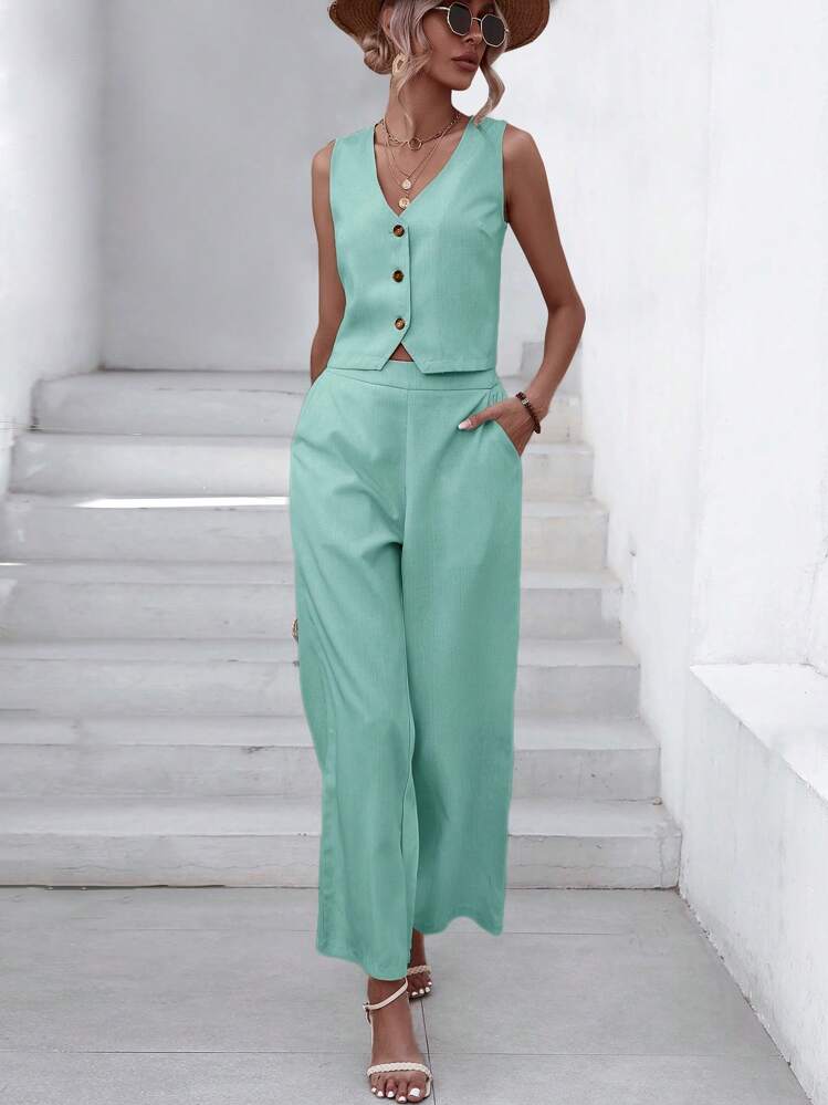 GENKIRA Solid Button Front Vest Blazer & Wide Leg Trousers - Green - View 3