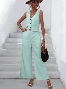SHEIN Essnce Solid Button Front Vest Jacket & Wide Leg Pants - Mint Blue - View 3