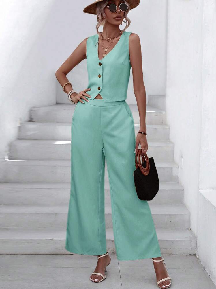 GENKIRA Solid Button Front Vest Blazer & Wide Leg Trousers - Green - View 4