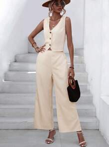 GENKIRA Solid Button Front Top & Wide Leg Pants - Apricot - View 4