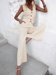 GENKIRA Solid Button Front Top & Wide Leg Pants - Apricot - View 5