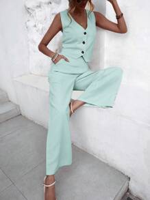 SHEIN Essnce Solid Button Front Vest Jacket & Wide Leg Pants - Mint Blue - View 6