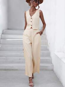 GENKIRA Solid Button Front Top & Wide Leg Pants - Apricot - View 6