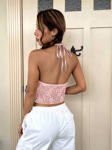 SHEIN EZwear Ditsy Floral Print Contrast Lace Halter Top